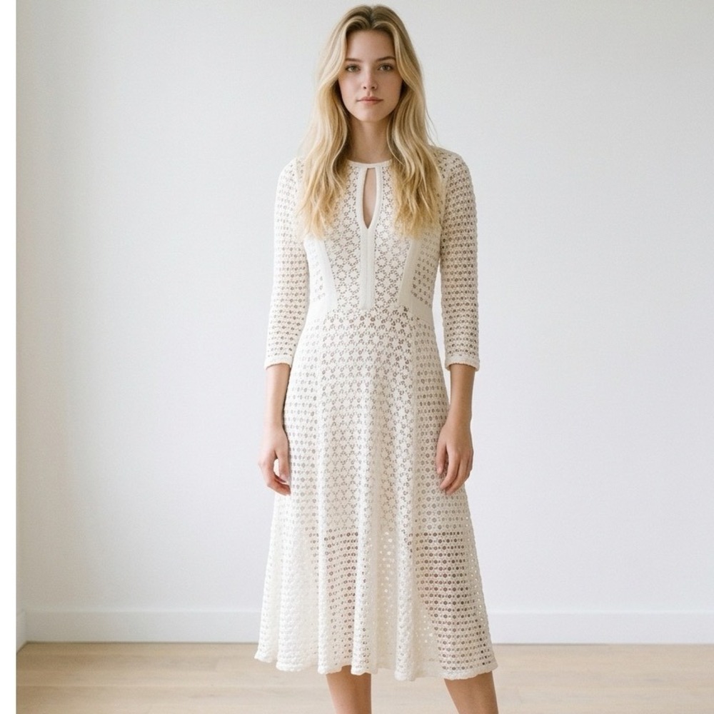 Nanette Lepore Ivory Eyelet Crochet Fit & Flare Dress Size S